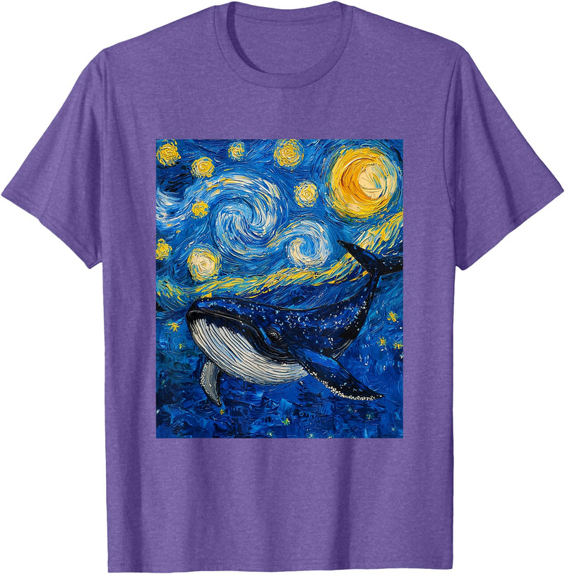 Whale Designs. Whale Fish Van Gogh Style Starry Night Sea Graphic T-Shirt - Purple Heather
