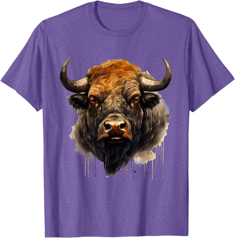 Safari Animal Art Buffalo Animal Print Portrait Bison Nature Artwork T-Shirt - Purple Heather