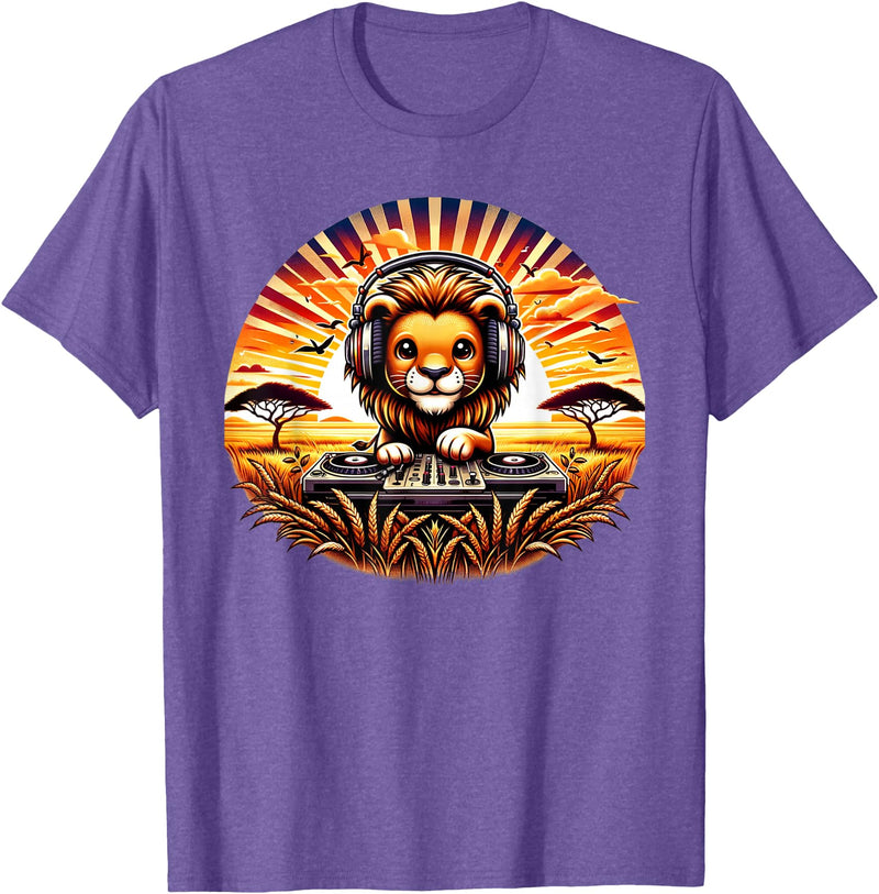 Funny Lion Graphic Apparel Co. Funny Lion Dj Headphones Animal Graphic for Men Boys Kids T-Shirt - Purple Heather