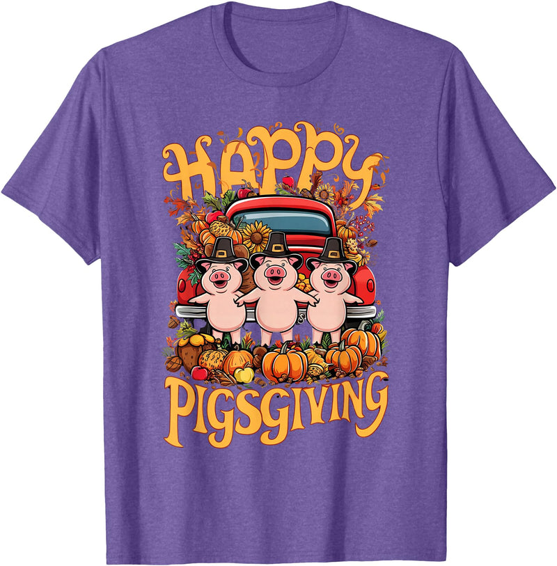 Funny Thanksgiving Pigs Pumpkins Fall Happy Pigsgiving Pigs Pumpkins Fall Thanksgiving T-Shirt - Purple Heather