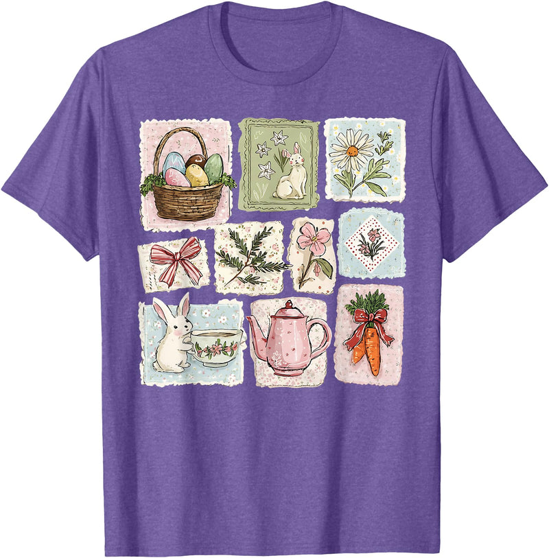 Floral Coquette Spring Easter Bunny Vintage Happy Easter T-Shirt in Purple Heather