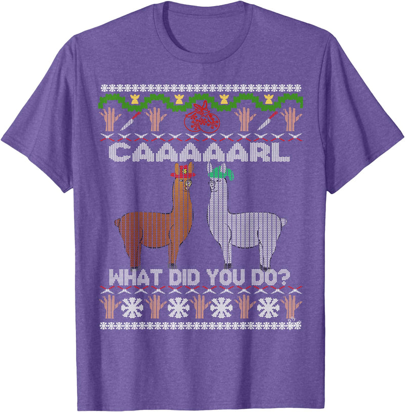 llama shirt collection by Jean Olivier funny llama with hats Christmas look carl what did you do T-Shirt - Purple Heather