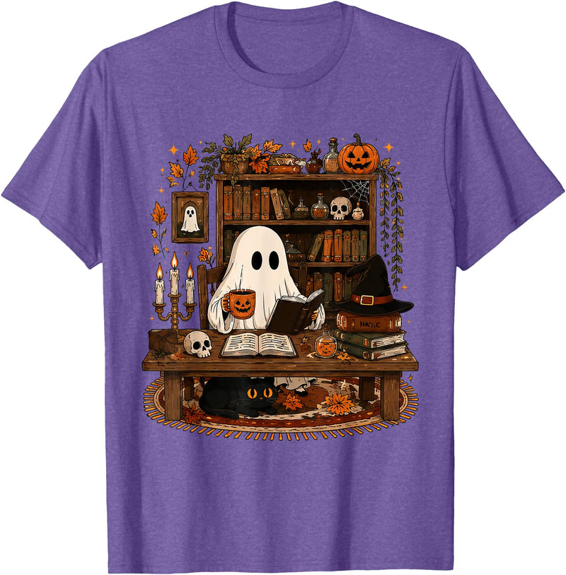 Retro Ghost Reading Funny Halloween Spooky Book Lover T-Shirt - Purple Heather