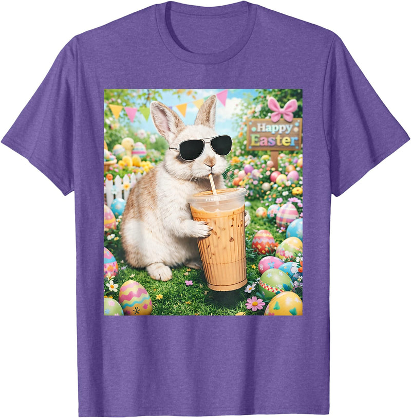 Rabbit Drinking Iced Coffee Funny Easter Bunny Men Women T-Shirt (Black) in Purple Heather