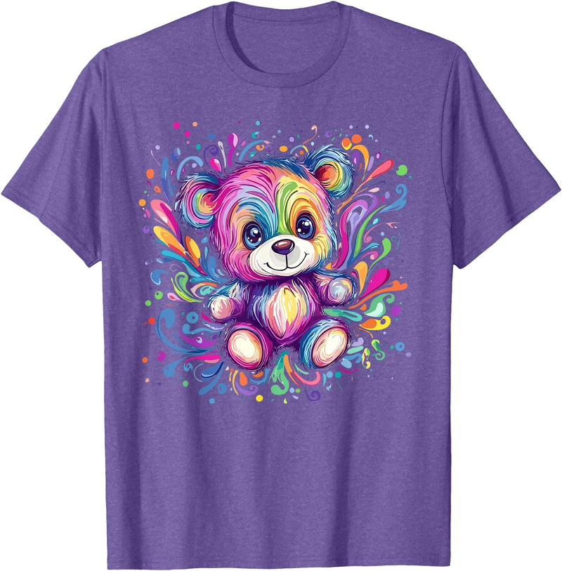 Vibrant Colorful Teddy Bear Illustration Rainbow Splash Teddy Bear T-Shirt - Purple Heather