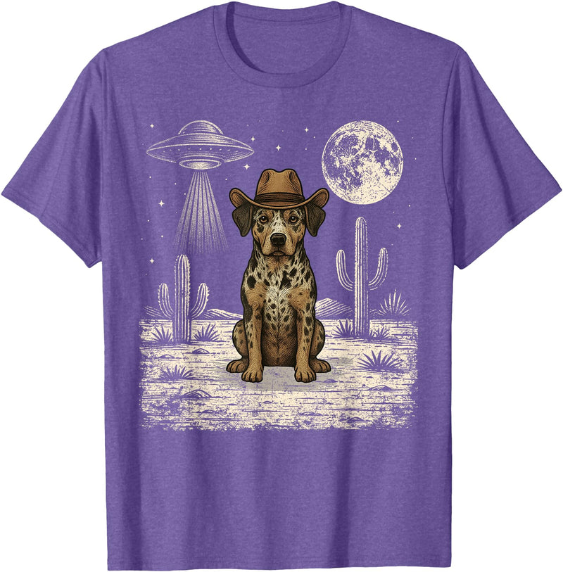 Retro Catahoula Leopard Dog Lover Halloween Moon Funny Catahoula Leopard Dog Cowboy Western UFO T-Shirt - Purple Heather