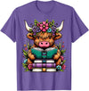 Funny Highland Cow Lover Highland Cow Book Floral Bookworm T-Shirt - Purple Heather