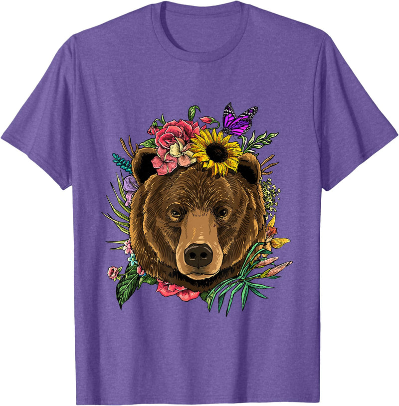 Wowsome! Bear Shirt Nature Floral Grizzly Bear Face Animal Bear Lover T-Shirt - Purple Heather