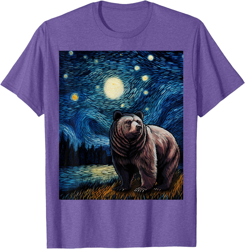 Starry Night Wildlife Graphic Grizzly Bear Van Gogh Starry Night Grizzlies Animal T-Shirt - Purple Heather
