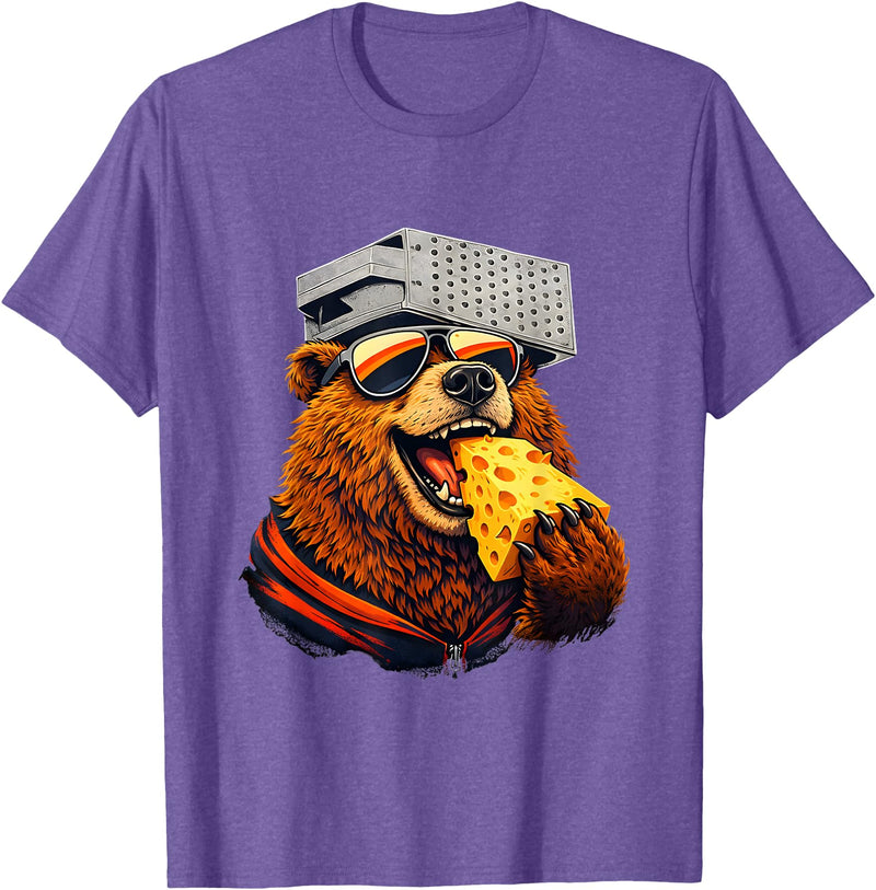 Retro Bear with Cheese for Boys Funny Animal humor Retro Bear Eating Cheese with a Grater Hat T-Shirt - Purple Heather