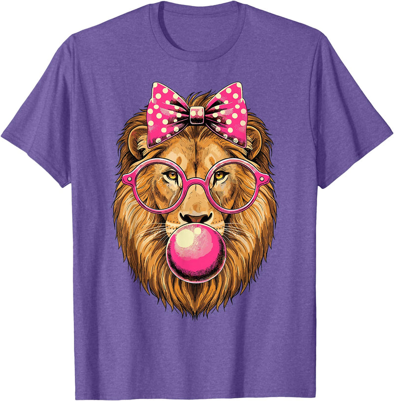 Magical and Funny Lion Gifts Lion with Bubble Gum and Pink Bow T-Shirt - Purple Heather