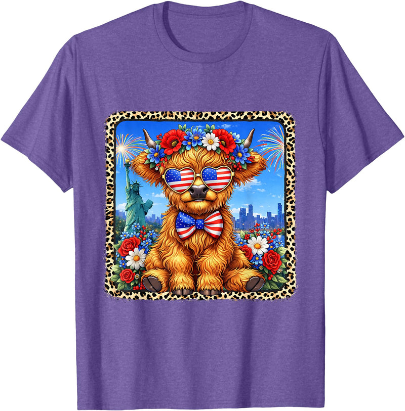 4th of July Apparel 4th of July Cow Patriotic Heart Glasses USA Floral Leopard T-Shirt - Purple Heather