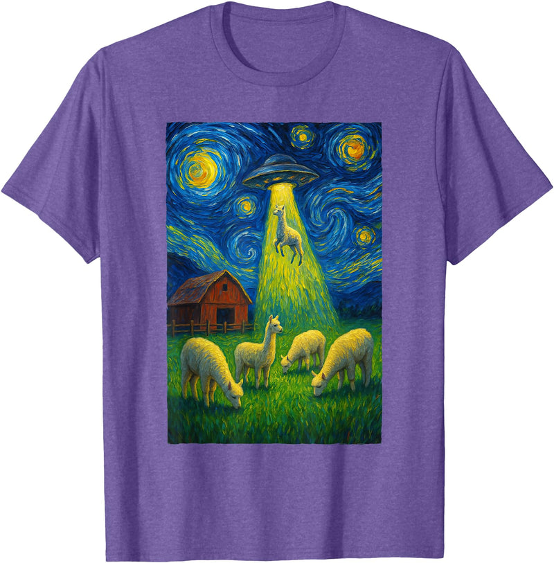 Farming UFO Llama Starry Night Painting Design Llama Alien UFO Abduction Starry Night Farmers T-Shirt - Purple Heather