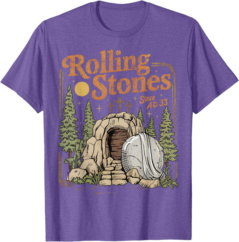 The Stone Was Rolled Away He Alive Retro Christian Easter T-Shirt in Purple Heather