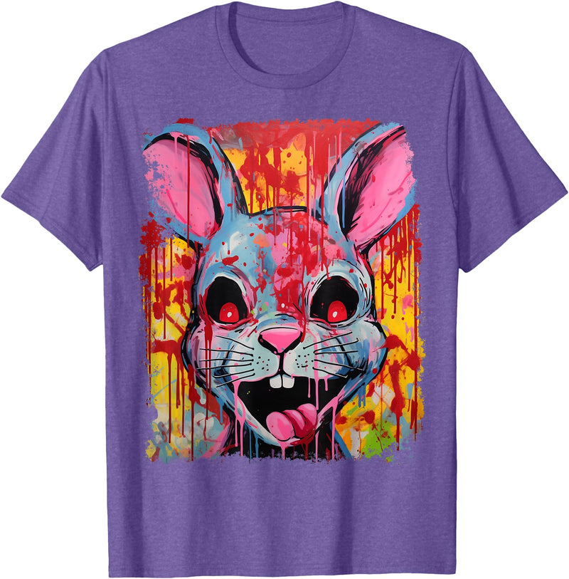 Pop Art Colorful Killer Bunny Rabbit Halloween T-Shirt in Purple Heather