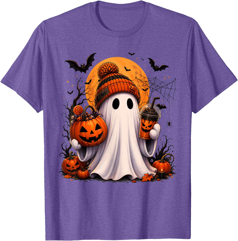 Halloween Ghost Coffee Pumpkin Tat Halloween Ghost Coffee Pumpkin Beanie Men Women Kid T-Shirt - Purple Heather