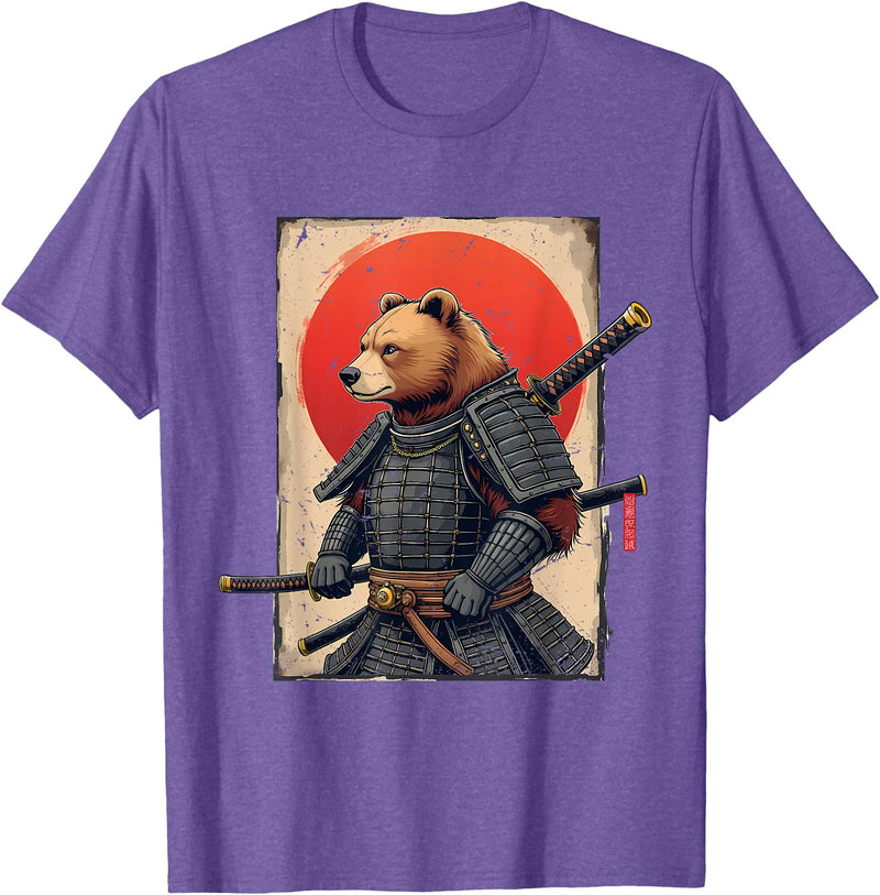 Japanese Samurai Bear Woodblock Art Samurai Brown Bear Ukiyo-e Ink Warrior Art Japanese Bear Art T-Shirt - Purple Heather