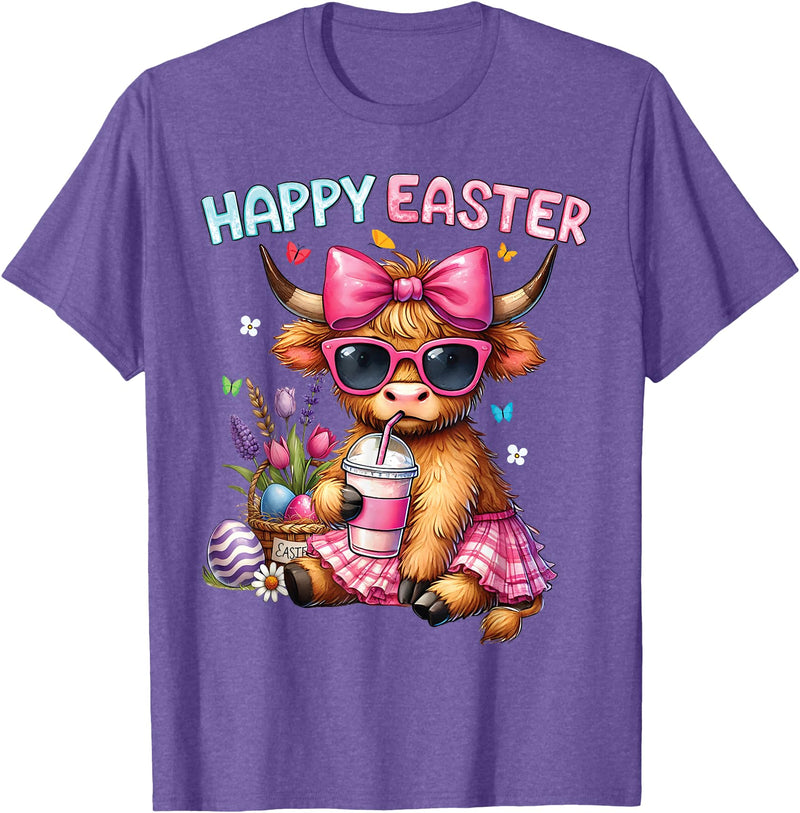 Farm Animal Highland Cow easter Gifts Happy Easter Day Highland Cow Cute Holiday Bunny Women Kids T-Shirt - Purple Heather