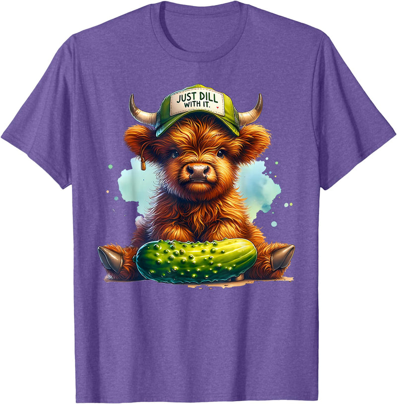 Dill With It Cute Highland Cow Pickle Gardener Dill With It Cute Highland Cow Pickle Hat Farm Animal Lover T-Shirt - Purple