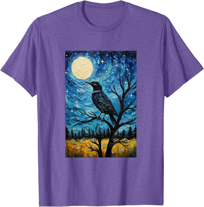 Bird Designs. Magpie Crow Raven Bird Van Gogh Style Starry Night Graphic T-Shirt - Purple Heather