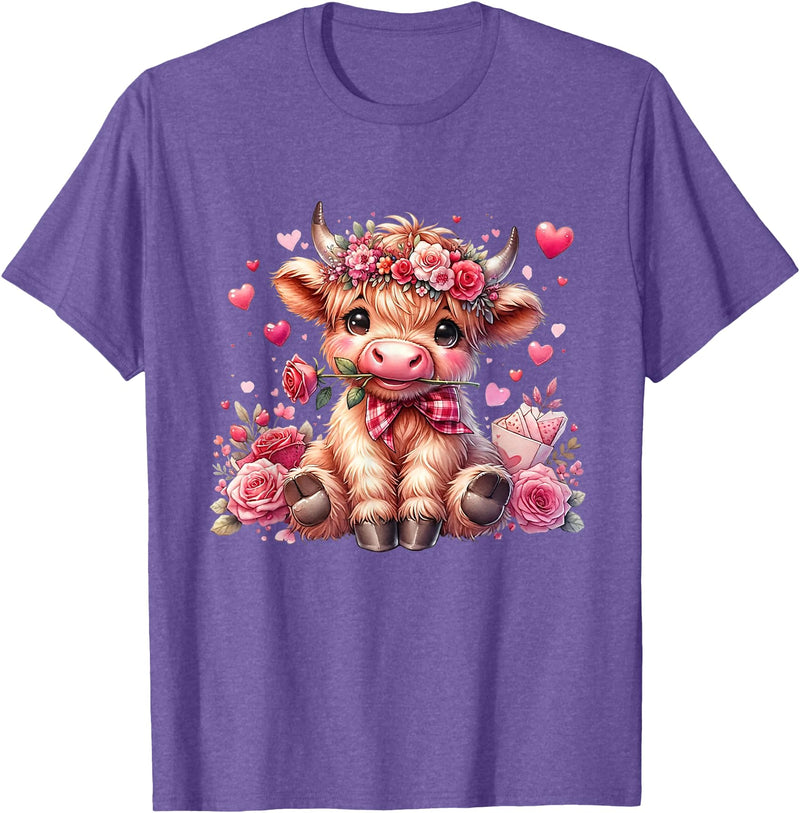 Happy Valentine Highland Cow Costume Love Clothing Valentine Highland Cow Print Cute Love Heart Flowers T-Shirt - Purple