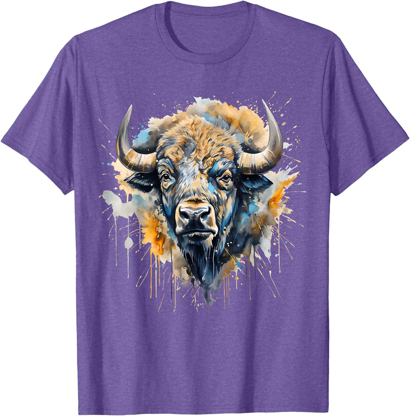 Safari Animal Art Buffalo Portrait Colorful Splash Artwork Wildlife Bison T-Shirt - Purple Heather