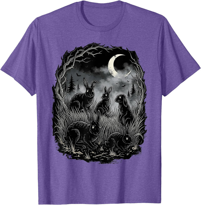 Midnight Woodland Rabbit Art Apparel Graphic Tees Creepy Black Rabbits Moonlit Forest Gothic Horror Halloween T-Shirt -