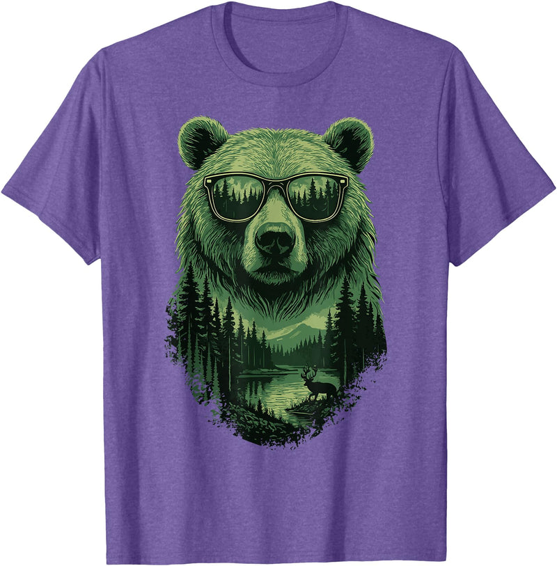 Bear Wildlife Deer Campfire Nature Apparel Bear Sunglasses Wildlife Deer Campfire Nature Vintage Forest T-Shirt - Purple Heather