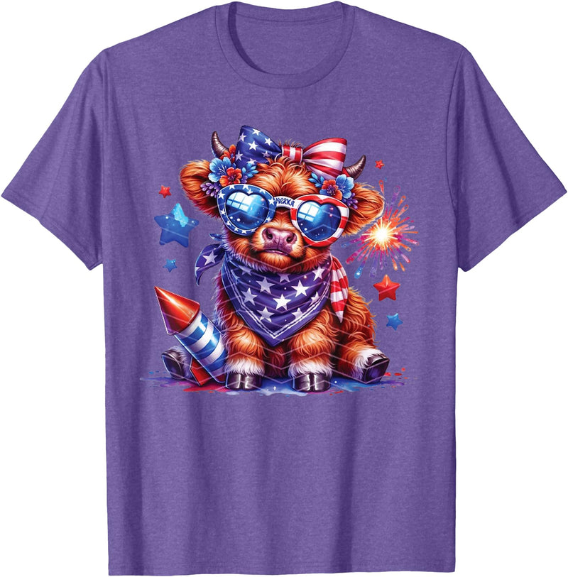 July 4th Highland Cow Farm Lovers America Costume Cute Highland Cow Florals 4th of July USA Flag Patriotic Cow T-Shirt -