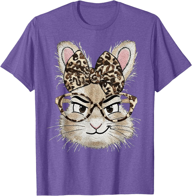 Bunny Glasses Bandana Leopard Funny Rabbit Happy Easter T-Shirt in Purple Heather