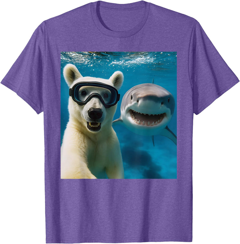 Selfie Polar Bear and Shark Summer Scuba Diving Funny Polar Bear Selfie with Shark Ocean Lovers T-Shirt - Purple Heather