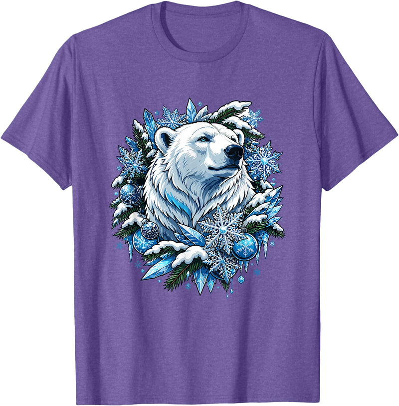 Arctic Polar Bear Winter Snowflakes Christmas Polar Bear Wreath Ice Crystals T-Shirt - Purple Heather