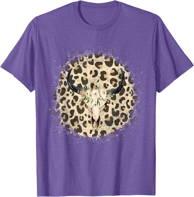Funny Leopard Cow Skull designs Funny Leopard Cow Skull print Flower Rustic Turquoise T-Shirt - Purple Heather