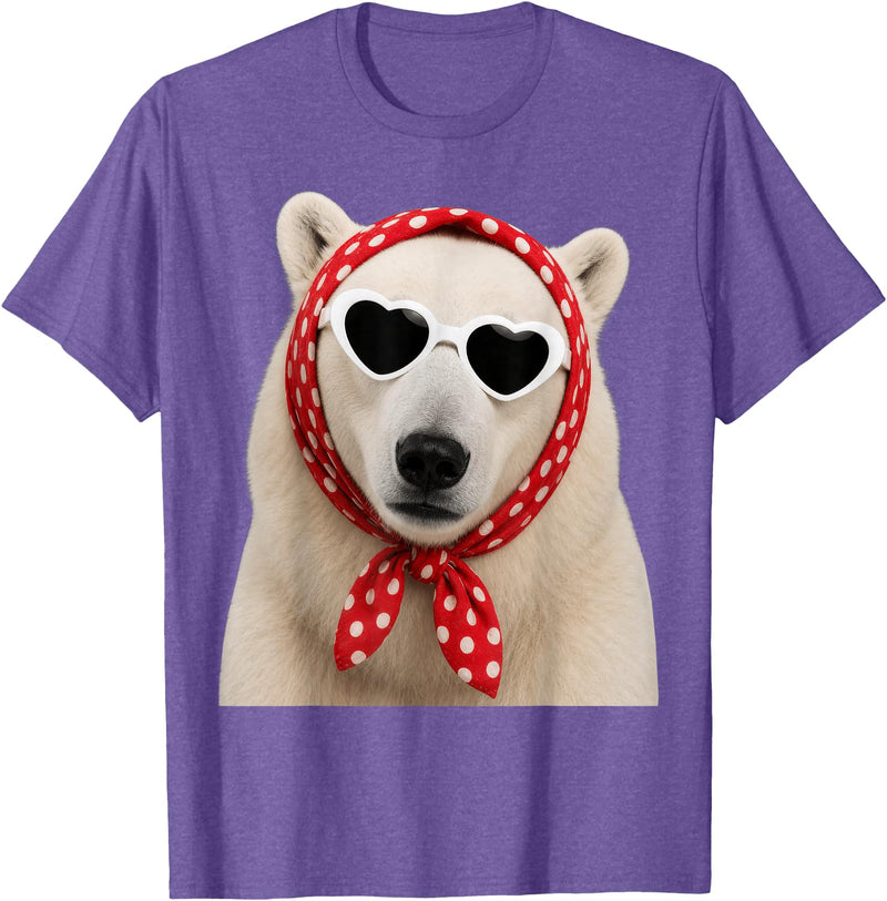 Funny Polar Bear with Sunglasses Cute Polar Bear Lover Heart Sunglasses T-Shirt - Purple Heather