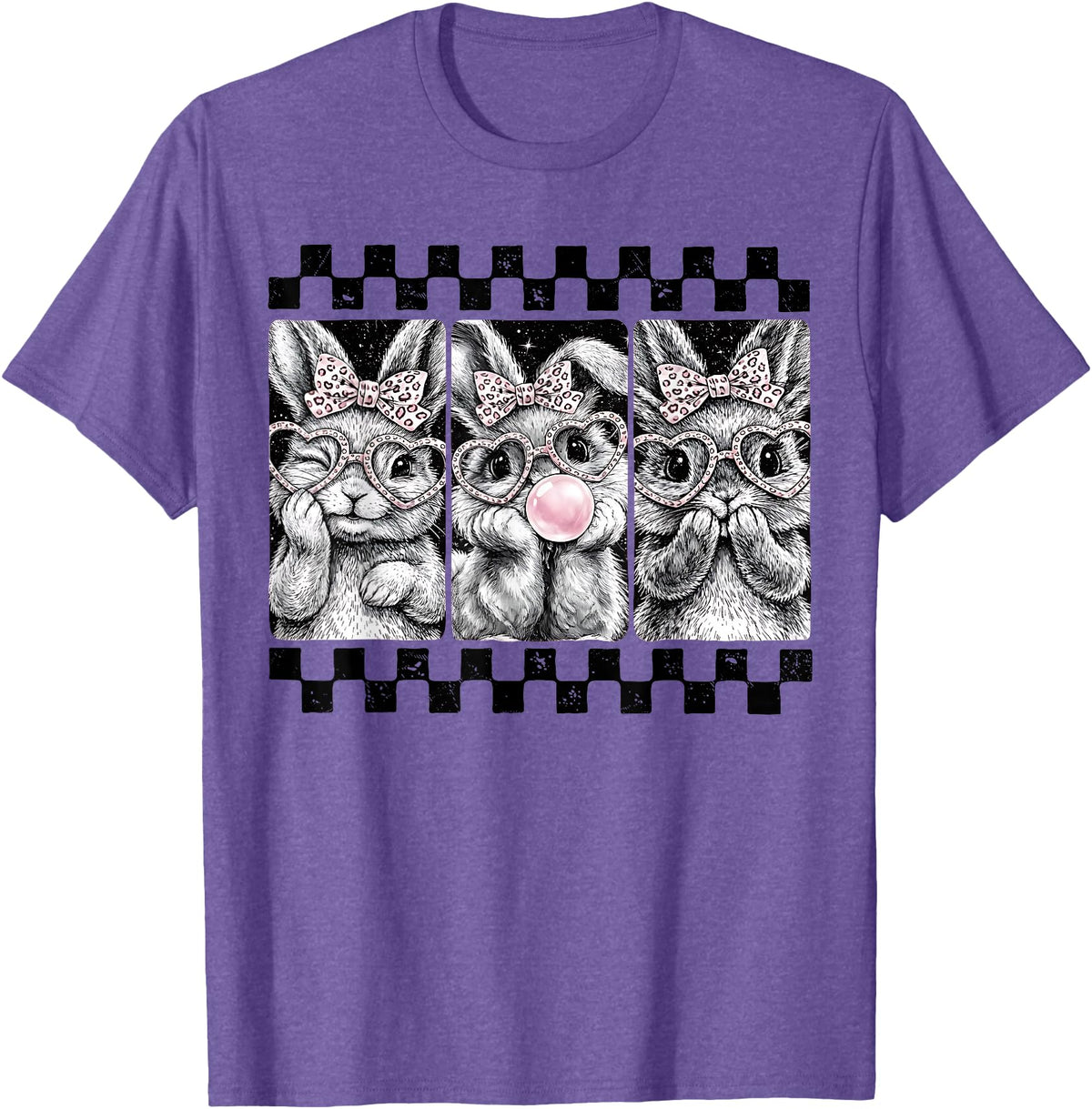 Leopard Bow Bunny Blowing Bubble Checkered Easter Day Girls T-Shirt in Purple Heather