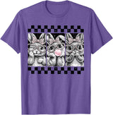Leopard Bow Bunny Blowing Bubble Checkered Easter Day Girls T-Shirt in Purple Heather