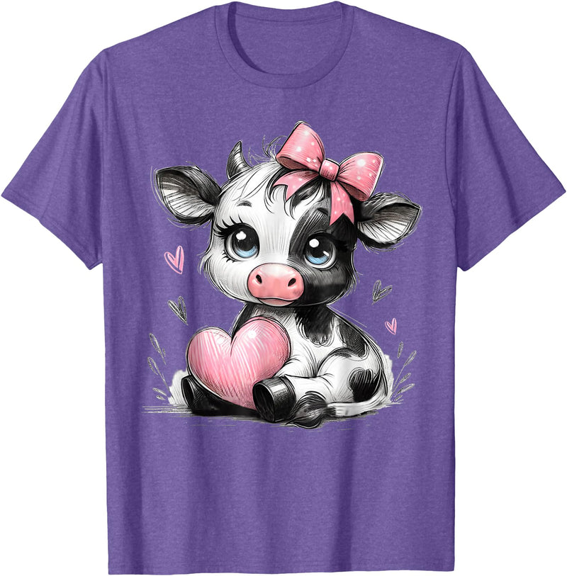 Cow Farmer Coquette Bow Tees Cute Baby Cow with Pink Coquette Bow Holding Heart T-Shirt - Purple Heather