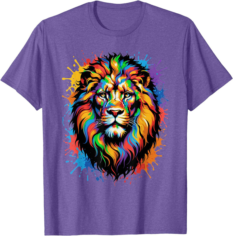 Colorful Lion Wildlife Lover Colorful Lion Face Paint Splash Art T-Shirt - Purple Heather