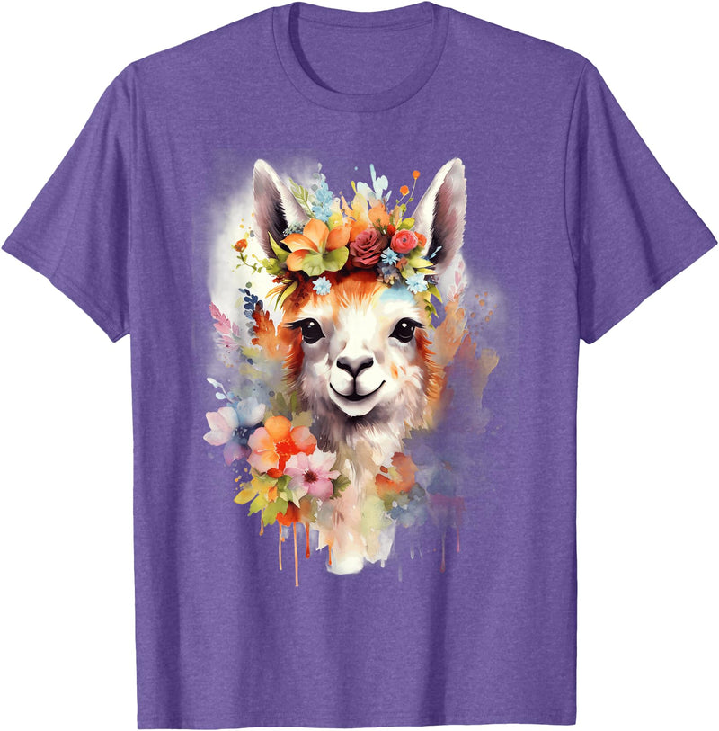 Llama Bloom Studio Cute Llama Floral Crown Watercolor Animal Art T-Shirt - Purple Heather