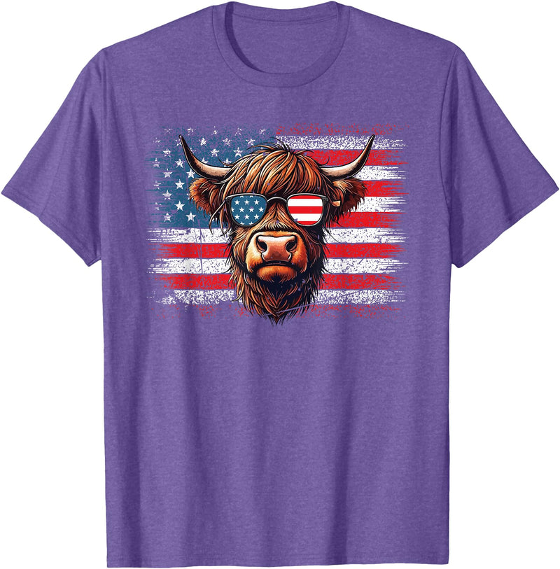 Funny Cute Highland Cow 4th Of July Farmer Gifts Highland Cow American Flag Farm Cow Lover Patriotic Vintage Style T-Shirt -