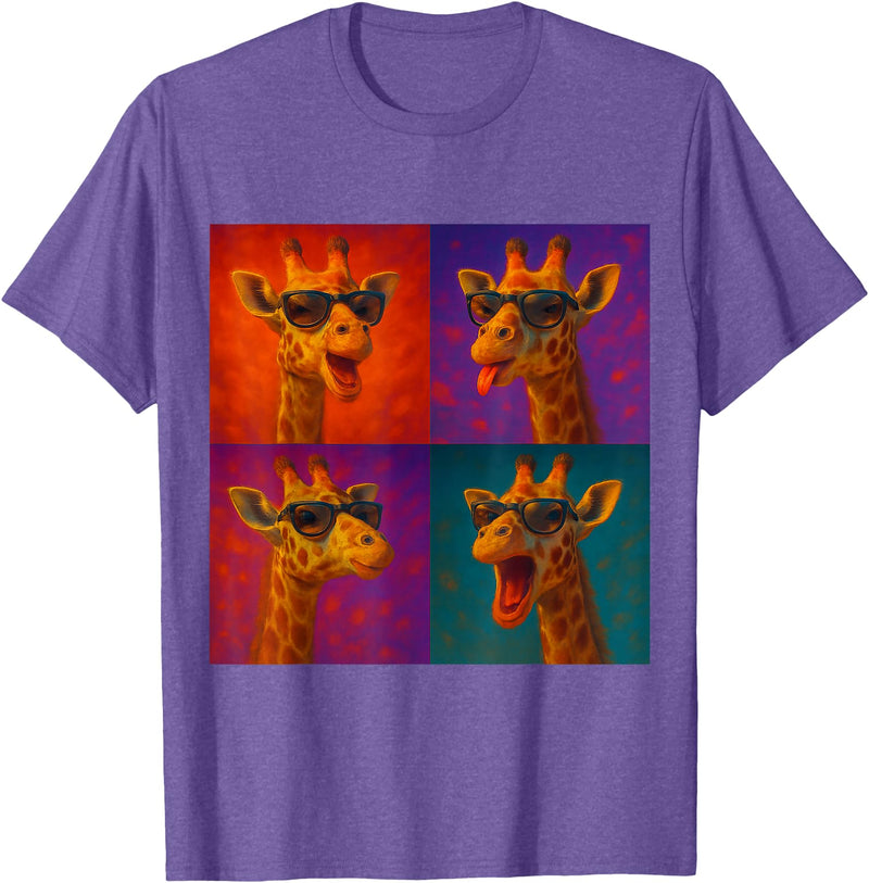 Colorful 4 Photos Animals Giraffe Sunglasses Funny Faces Collage Pop Art T-Shirt - Purple Heather