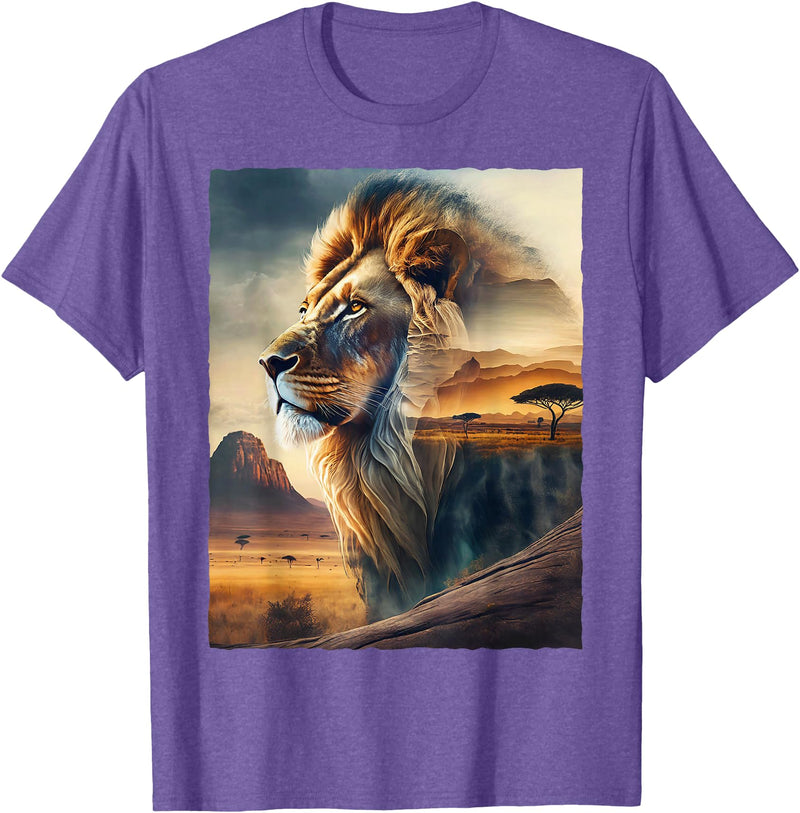 African Safari Lion Savanna Wildlife African Safari Lion Double Exposure Savanna Wildlife T-Shirt - Purple Heather