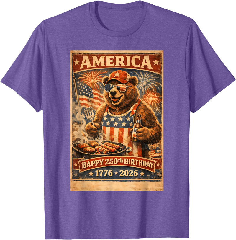 USA Birthday 250th American Spirit Tees All Ages Celebrate 250 Years with Fun Bear BBQ Graphic T-Shirt - Purple Heather