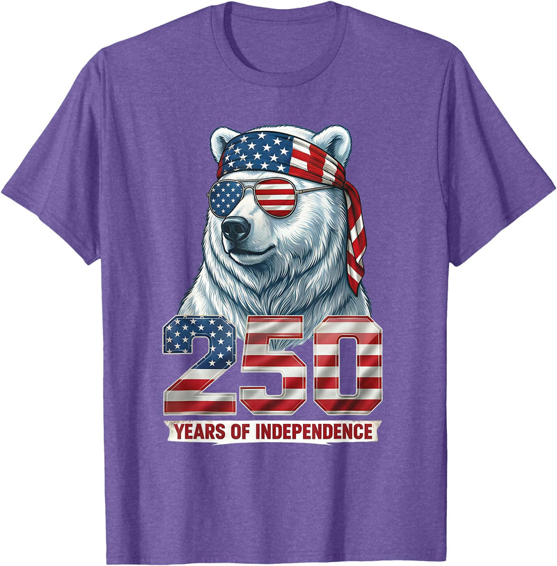 Patriotic Bear Freedom Anniversary Celebration Polar Bear 250 Years of Independence Patriotic America 1776 T-Shirt - Purple Heather