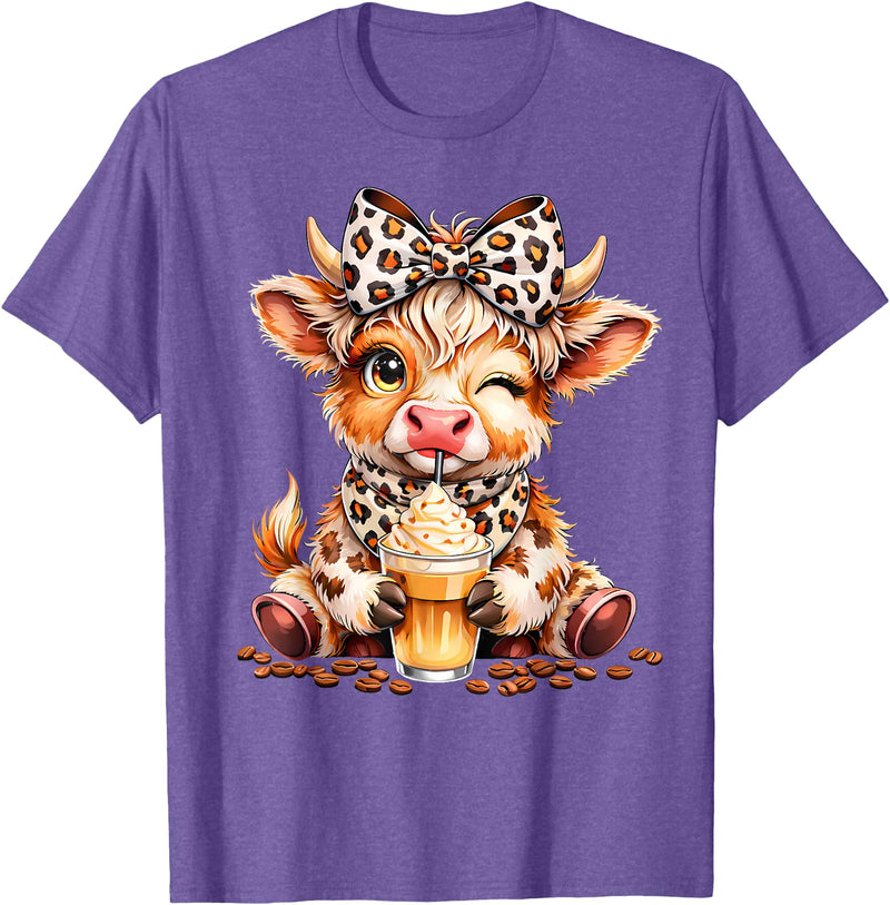 Cute Highland Cow Coffee Addict Leopard Bow Highland Cow Coffee Addict Funny Drink Coffee T-Shirt - Purple Heather