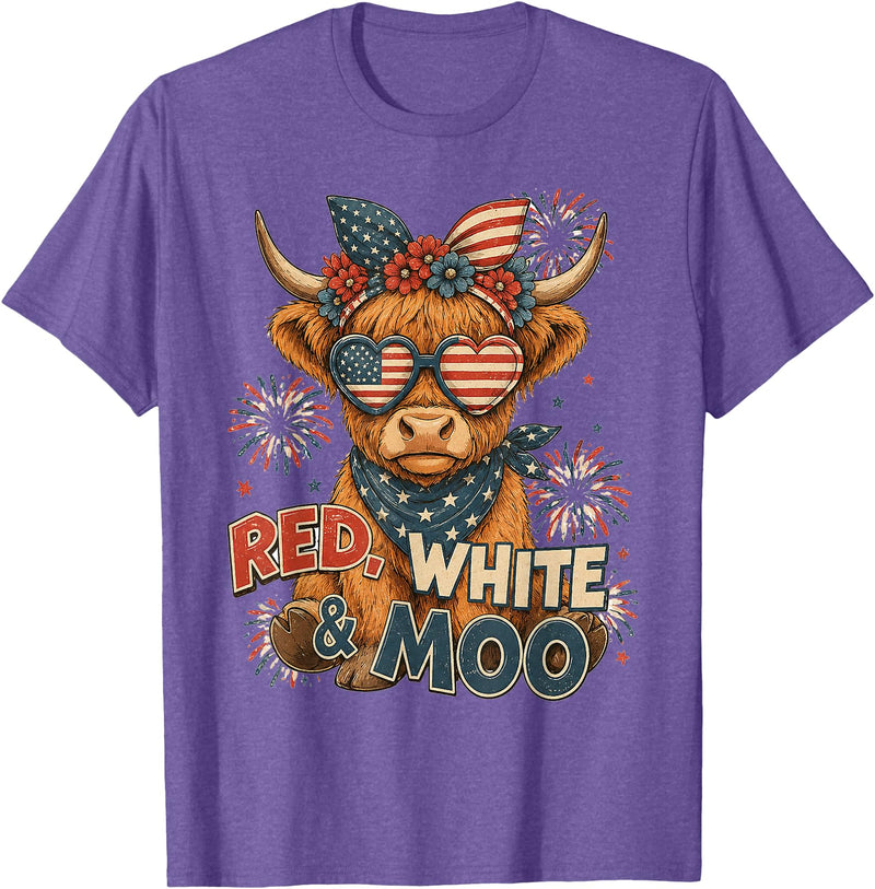 Red White and Moo Highland Cow 4th July 250 Years Patriotic T-Shirt - Purple Heather