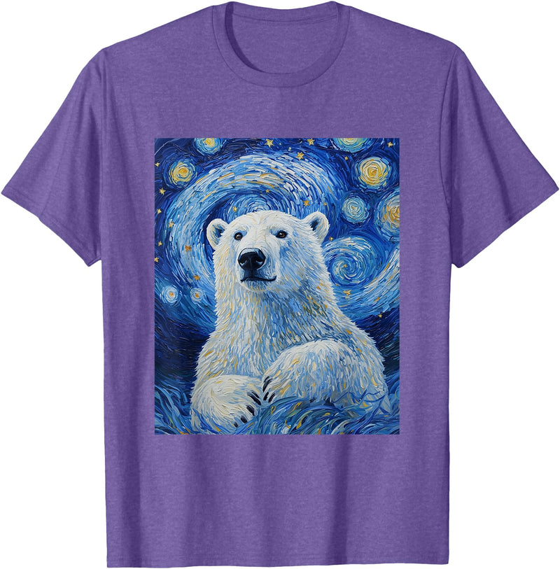 Bear Designs. Cute Polar Bear Van Gogh Style Starry Night Graphic T-Shirt - Purple Heather