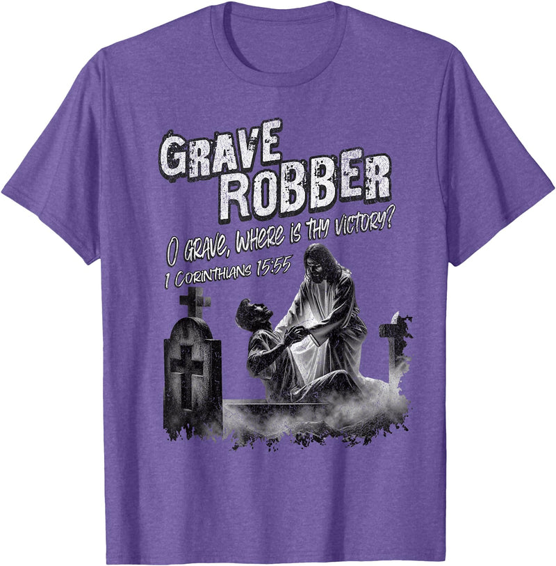 Bible Verse Shirts Grave Robber Oh Grave Where is Thy Victory? 1 Cor 15:55 T-Shirt - Purple Heather