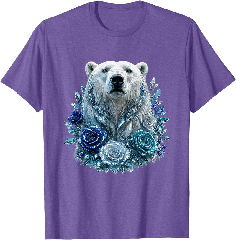 Arctic Polar Bear Crystal Rose Winter Spirit Majestic Polar Bear with Blue Ice Crystal Roses T-Shirt - Purple Heather