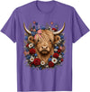 Funny July 4th Highland Cow Farm Lovers Highland Cow Florals 4th of July USA Flag Patriotic Women T-Shirt - Purple Heather